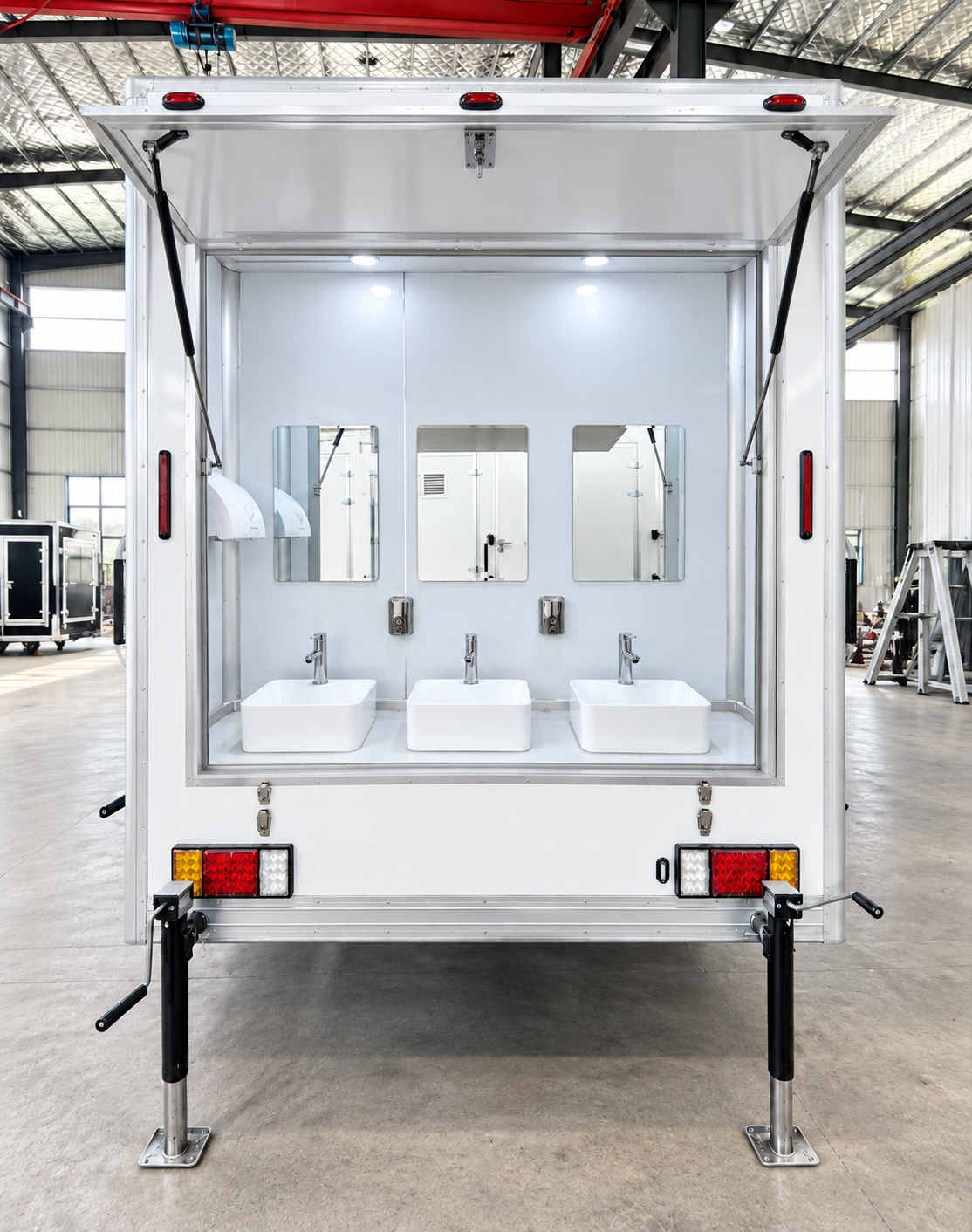 Private stall inside a five-stall mobile shower trailer